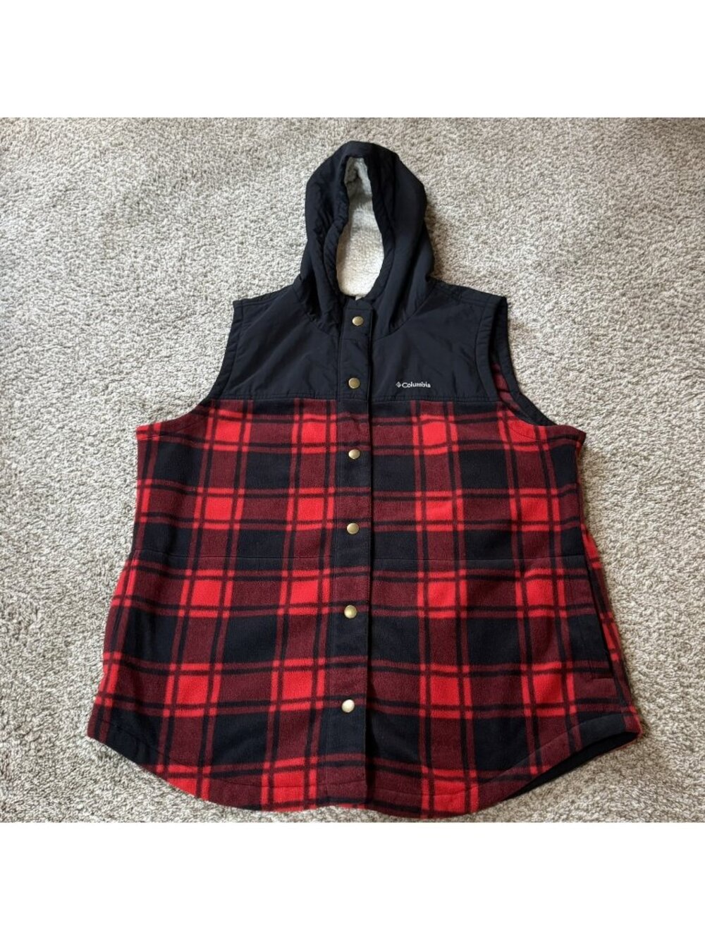Columbia Vest Hooded Women's 2X Plus Size Red Black Plaid Fleece  Sherpa Lined
